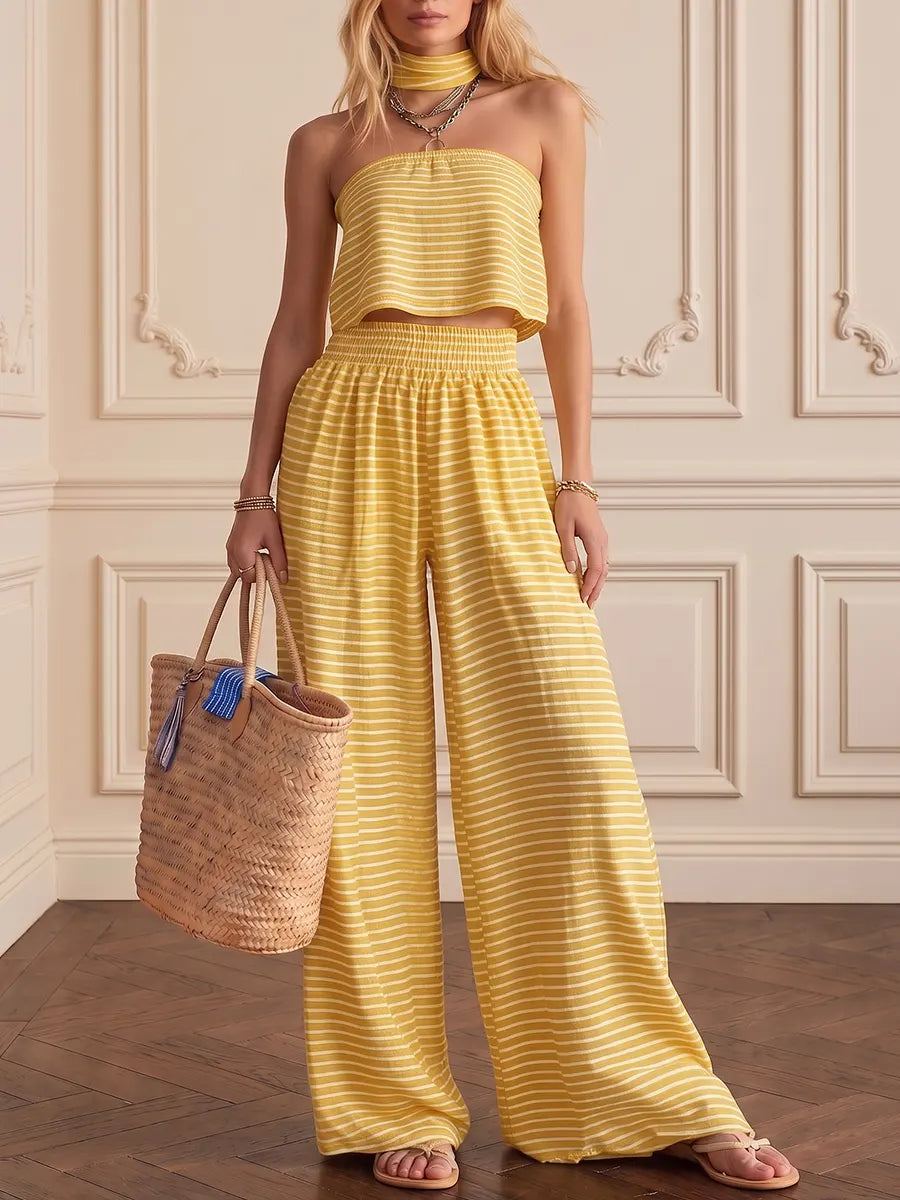 Effortless Striped Crop Top & Wide-leg Trouser Set(includes Neck Gaiter)