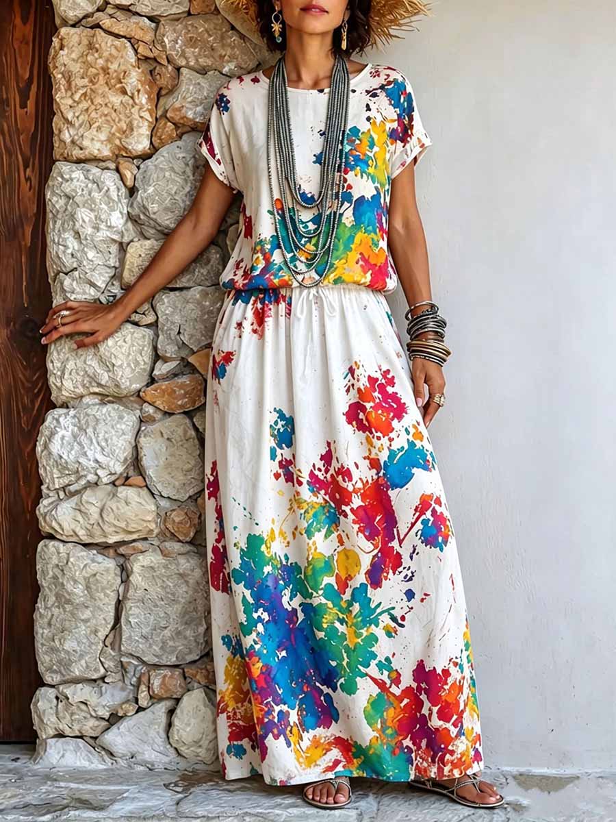 Women's Cotton-linen Set: Abstract Placement-print Crew-neck Short-sleeve Loose Casual Top & High-waisted A-line Skirt