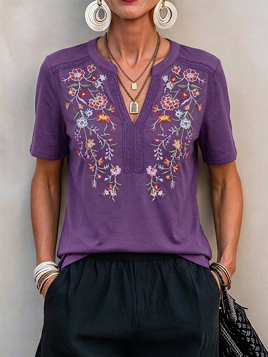 Short-sleeve Cotton Top With Colorful Floral Embroidery, Lace Trim, And A Small Open V-neck