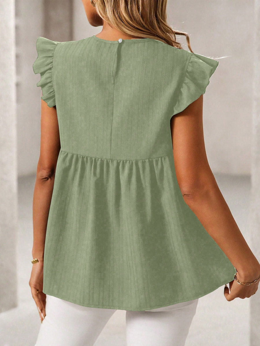 Women's Casual Ruffled Stylish Embroidered Art Round Collar Loose Shirt