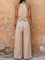 Women's Solid Color Halter-neck Sleeveless Casual Loose Cotton-linen Wide-leg Jumpsuit
