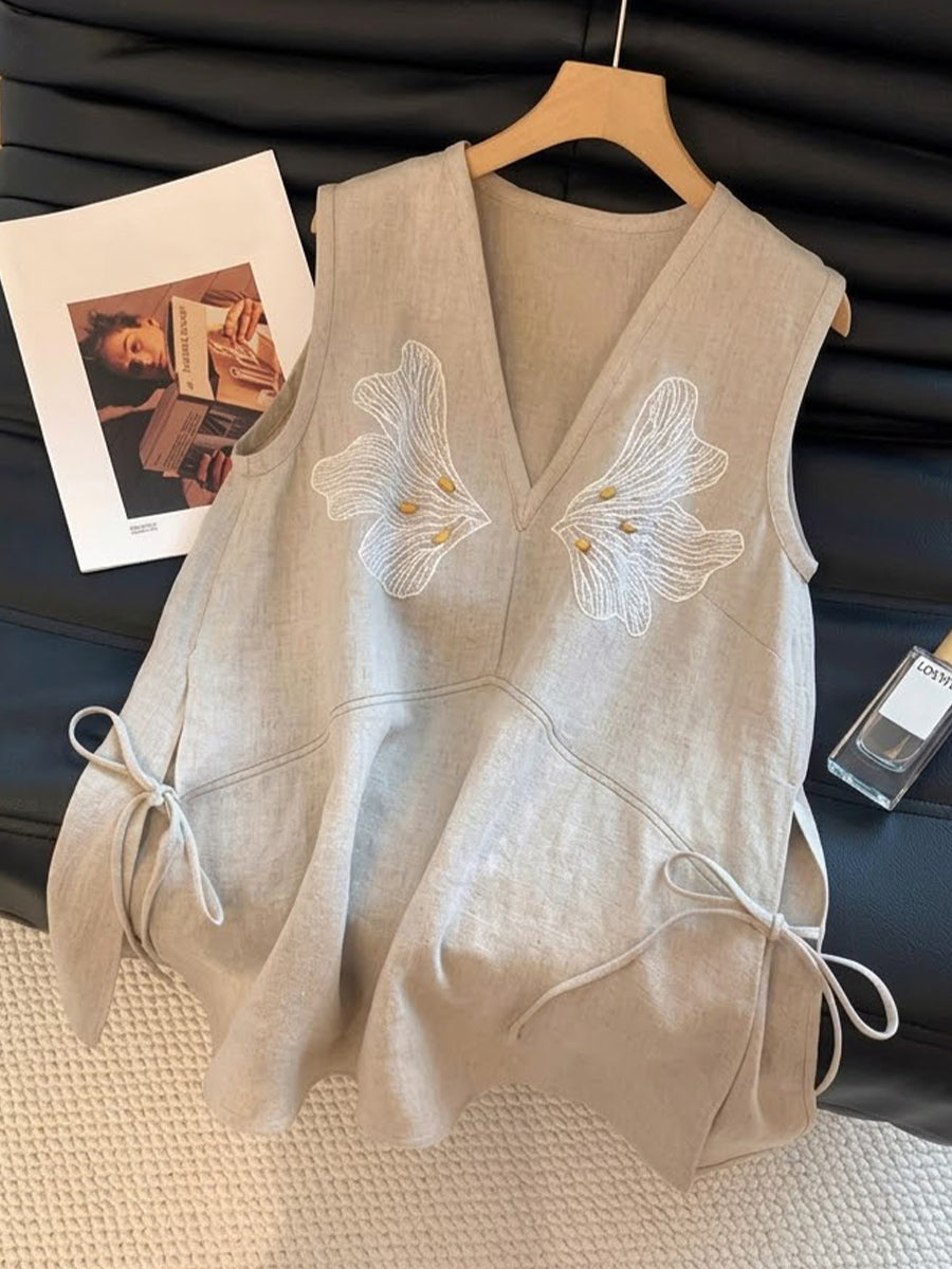 Casual Sleeveless Linen-cotton Embroidered Top