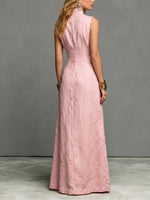 Minimalist Linen Blend Stand Collar Single-breasted Sleeveless Dress
