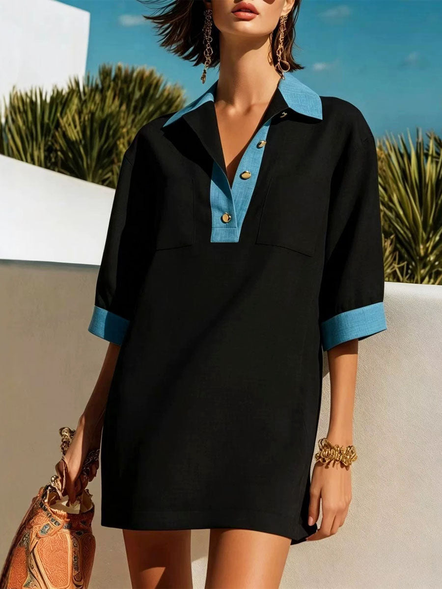 Women's Color Block Stylish Art Casual Lapel Cotton Linen Short Dress