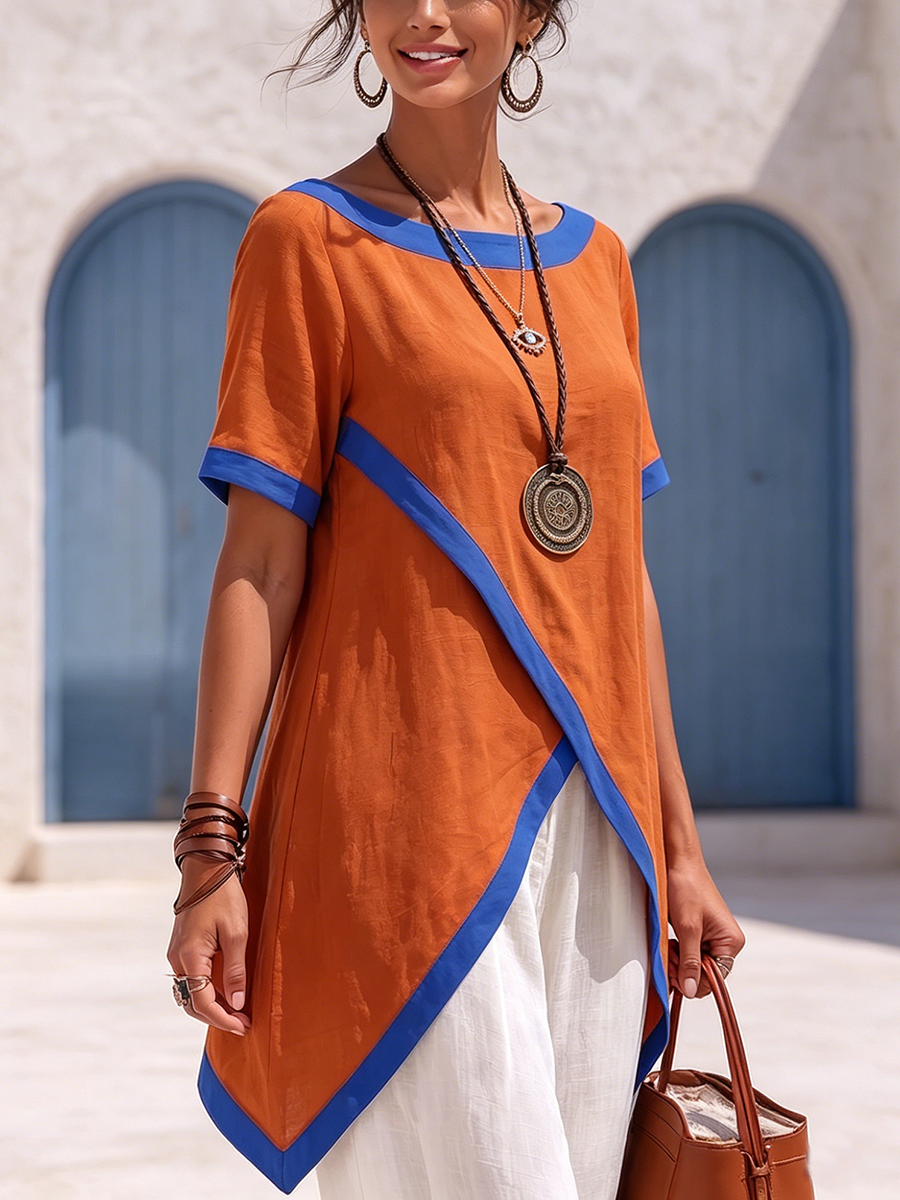 Boho-chic Cotton-linen Shirt With Contrast Trim