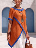 Boho-chic Cotton-linen Shirt With Contrast Trim