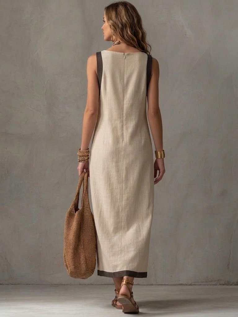 Color-block Linen And Cotton Sleeveless Dress