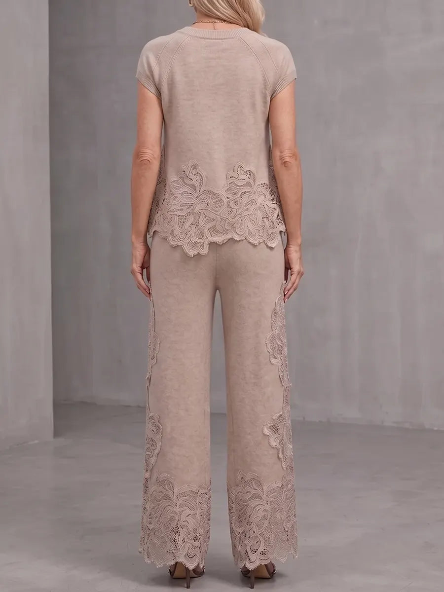 Elegant Lace-appliqué Knit Top & Wide-leg Pant Set