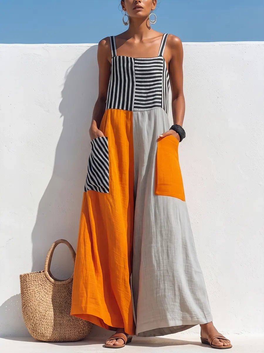 Vibrant Color-Block Jumpsuit – Striped Bodice & Flowing Wide-Leg Pants