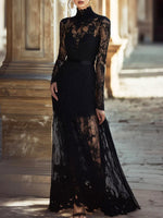 Women's Retro Elegant Lace Floral Sheer Art Casual Long Dress