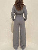 Women's Two-piece Casual Utility Set Featuring A Short, Stand-collar Zip-up Jacket And Wide-leg Trousers With A Tie-waist.