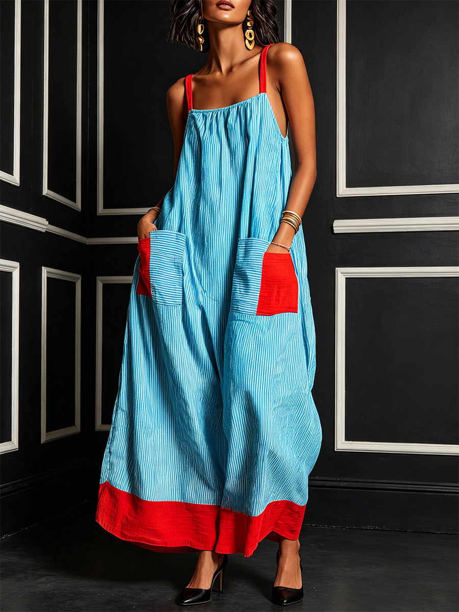 Resort Contrast Color Elastic Square Neck Thin Strap Vertical Stripe Red Splice Pocket Hem Loose Ankle Dress