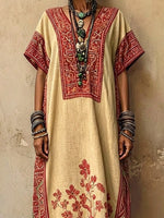 Women's Retro Floral Art Casual Stylish V-collar Short Sleeve Cotton Linen Maxi Dress