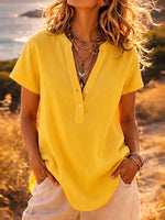 Relaxed Sunny Yellow Cotton-linen Henley Shirt