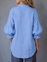 Women's Solid-color Stand-collar 3/4 Sleeve Casual Loose Cotton-linen Top