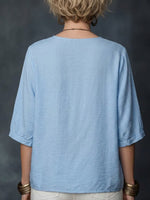 Flower Embroidery V-neck Seven Fold Pleated Sleeve Cotton Linen Blend Top