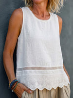 Sleeveless T-shirt With A Stylish Lace-trimmed Round Neck—a Casual, Slimming Top