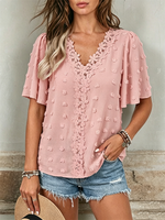 Short-sleeve Casual V-neck Swiss Dot Blouse With Lace Trim