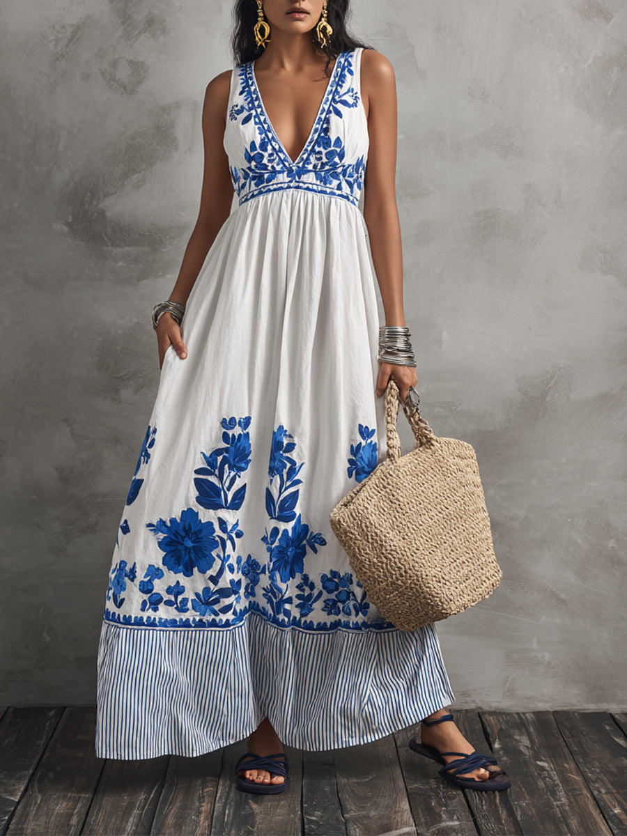 Boho-style Floral Sleeveless Linen And Cotton Dress