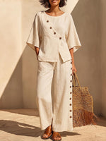 Women's Solid Color Casual Cotton-linen Set: Round-neck 3/4 Sleeve Loose Top & High-waisted Wide-leg Pants