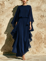 Chiffon Top And Straight-leg Trousers Set With Ruffle Details And Flared Sleeves