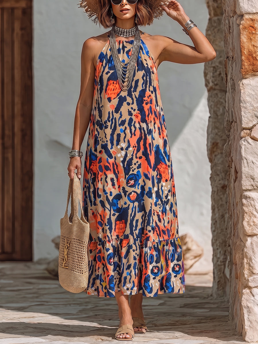 Abstract Watercolor Print Halter Dress