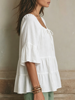 Square-neck Cotton-linen Top Featuring Front Ties, Cut-out Details, Tiered Ruffles, And Three-quarter Length Flared Sleeves
