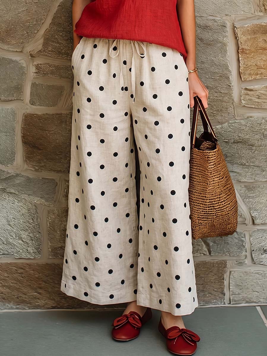 Women's High-waisted Polka-dot Print Cotton-linen Wide-leg Pants (loose Fit)