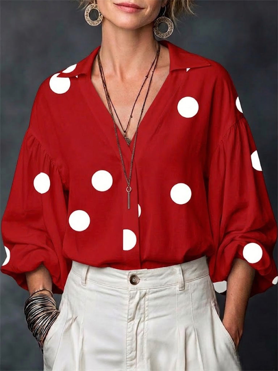 Polka-dot Loose-fitting Top With A Partial Button-front Neckline And Long Puff Sleeves