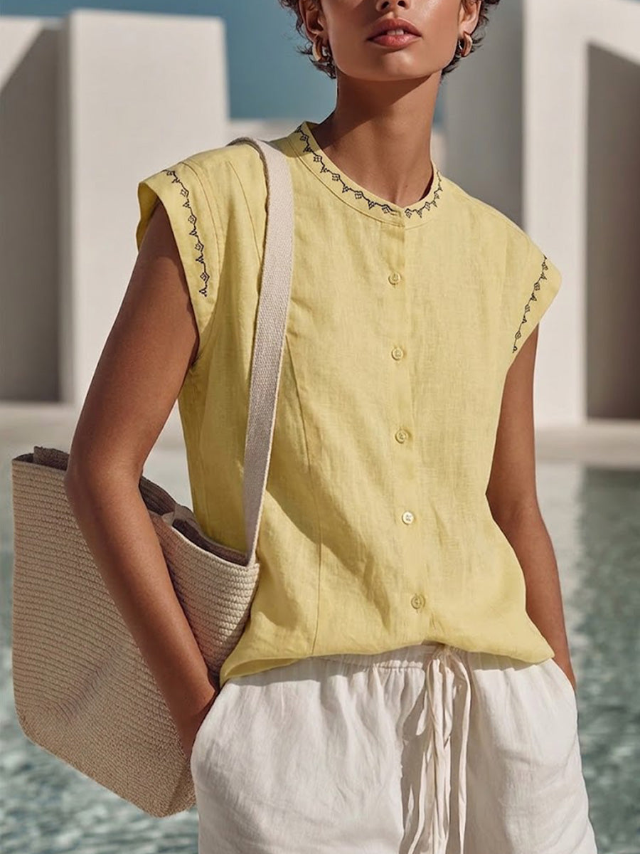 Cotton-linen Sleeveless Top With A Round Neck, Geometric Embroidery, Extended Shoulders, And A Full-button Front