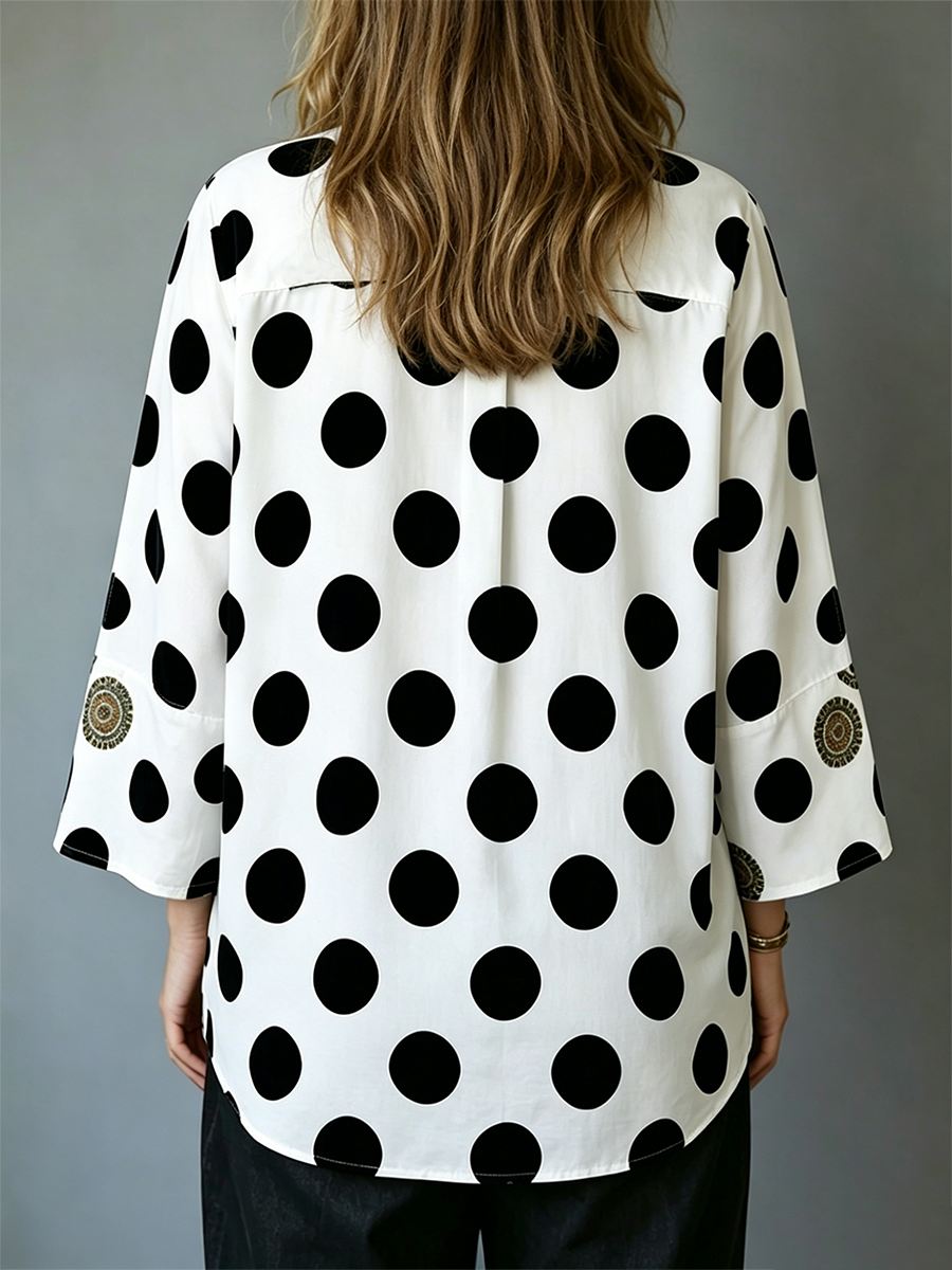 White Black Polka Dot Ethnic Floral Placket Stand Collar 3/4 Flare Sleeve Linen Blend Blouse