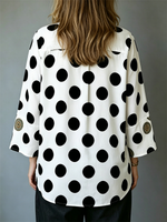 White Black Polka Dot Ethnic Floral Placket Stand Collar 3/4 Flare Sleeve Linen Blend Blouse