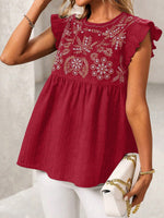 Women's Casual Ruffled Stylish Embroidered Art Round Collar Loose Shirt