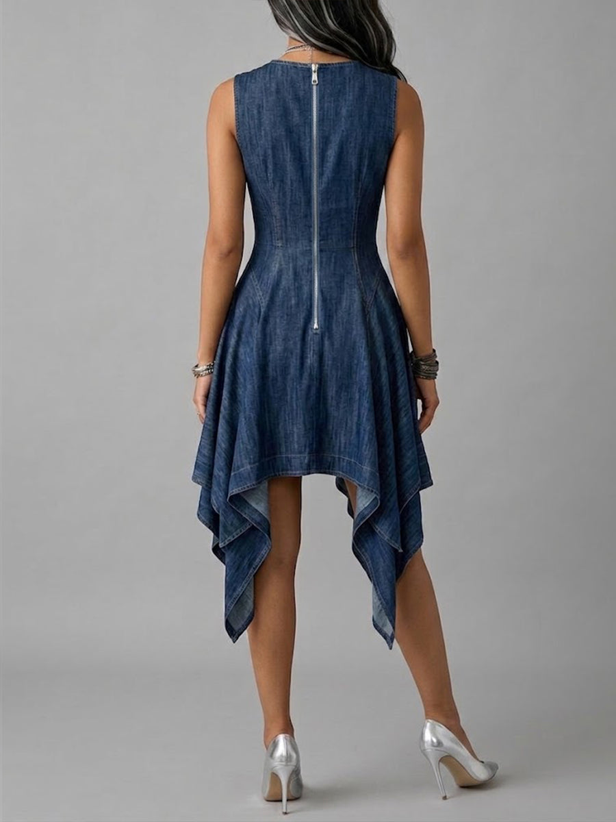 Casual-chic Sleeveless Slim-fit Denim Dress With An Asymmetrical Hem