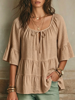 Square-neck Cotton-linen Top Featuring Front Ties, Cut-out Details, Tiered Ruffles, And Three-quarter Length Flared Sleeves