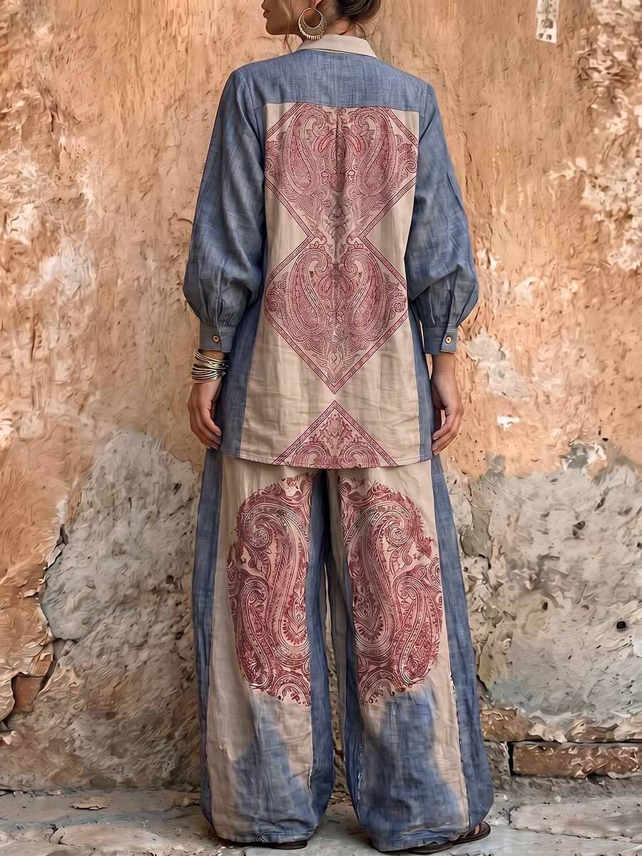 Women's Vintage Placement-print Cotton-linen Set: Long-sleeve Stand-collar Loose Casual Top & High-waisted Wide-leg Pants