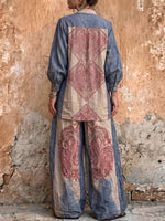 Women's Vintage Placement-print Cotton-linen Set: Long-sleeve Stand-collar Loose Casual Top & High-waisted Wide-leg Pants