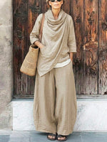 Women's Casual Stylish Cowl Neck Top And Pants Cotton And Linen Two-piece Set