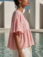 Relaxed-fit V-neck Cotton-linen Top With Ruffled Elbow-length Sleeves