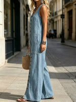 Women's Casual Loose Stylish Button Sleeveless Slit Pockets Jumpsuit