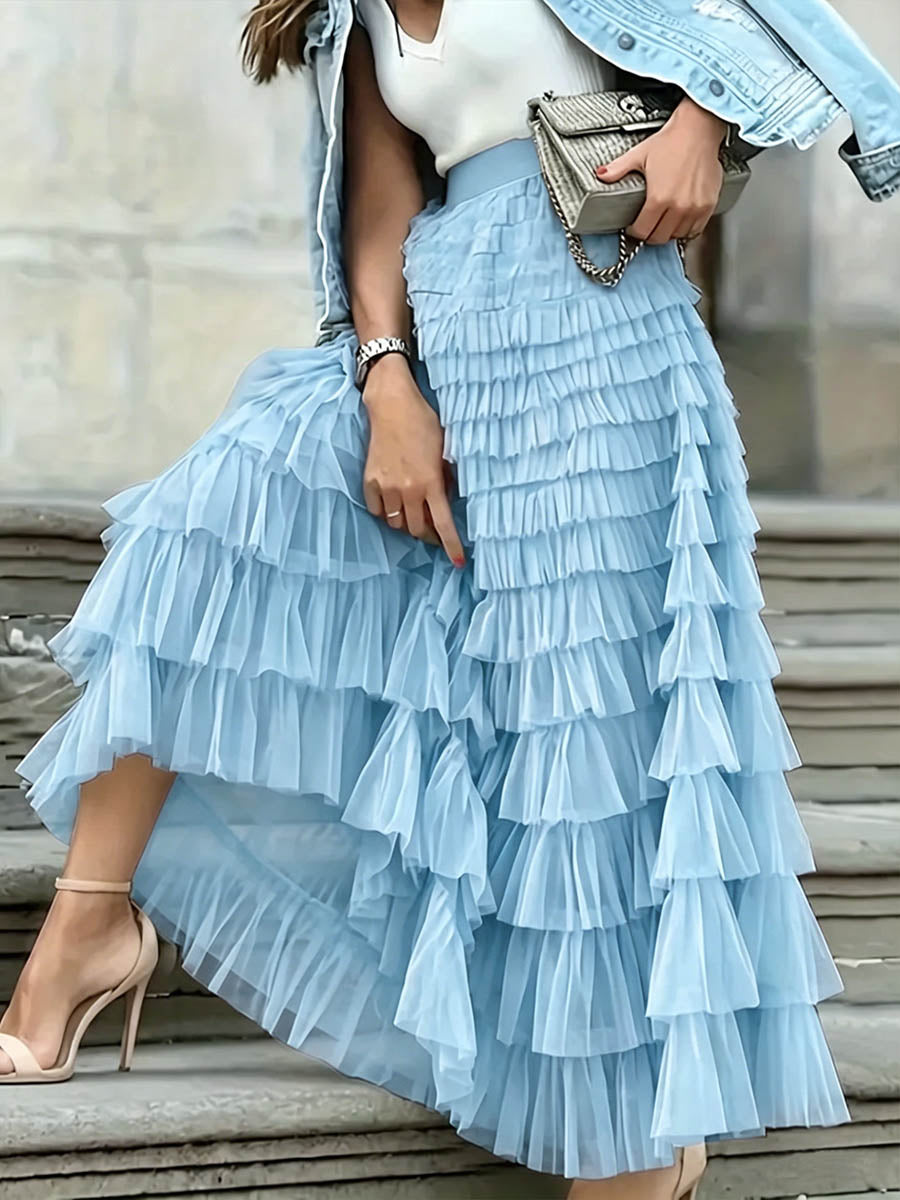 Women's Solid-color Elastic-waist A-line Tiered Mesh Skirt