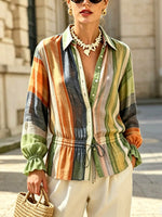 Women's Retro Striped Pattern Print Art Lapel Long Sleeve Casual Stylish Shirt