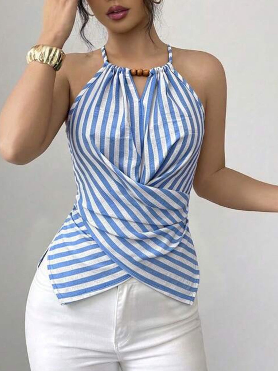 Printed Sleeveless Wrap-style Linen And Cotton Top