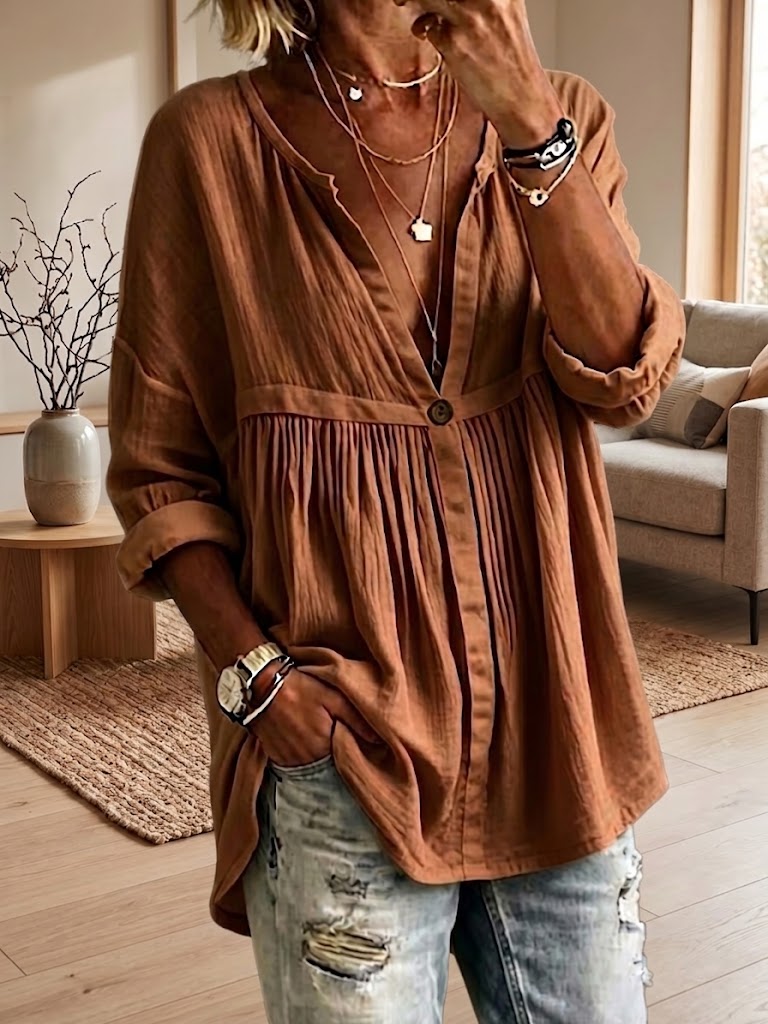 Women's Casual Loose Solid-color Long-sleeve Button-front Pullover Shirt