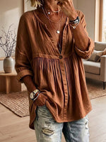 Women's Casual Loose Solid-color Long-sleeve Button-front Pullover Shirt