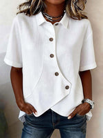 Women's solid color shirt collar short sleeve casual loose cotton-linen top
