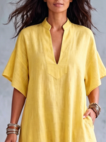 Cozy V-neck Breathable Cotton-linen Dress