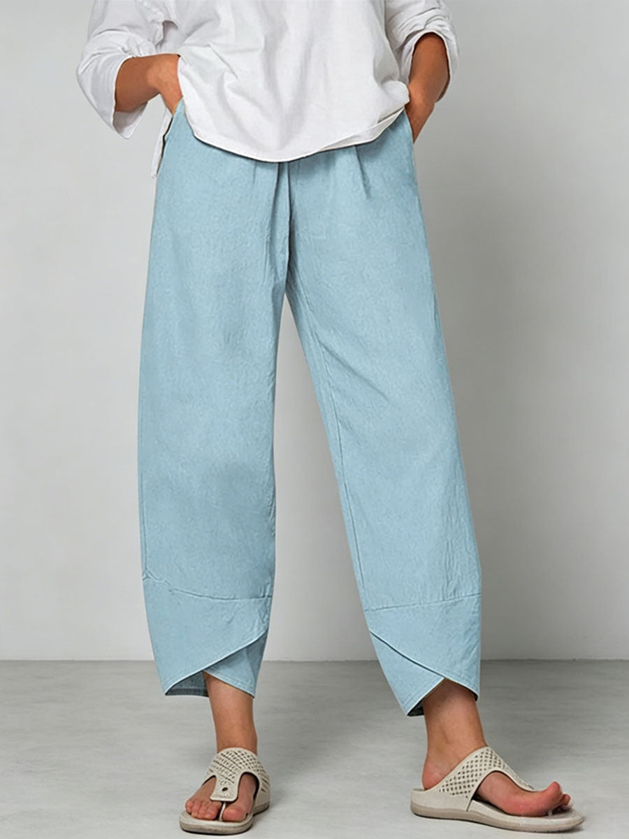Women's Solid Color Stylish Loose-fit Casual Cropped Cotton And Linen Pants