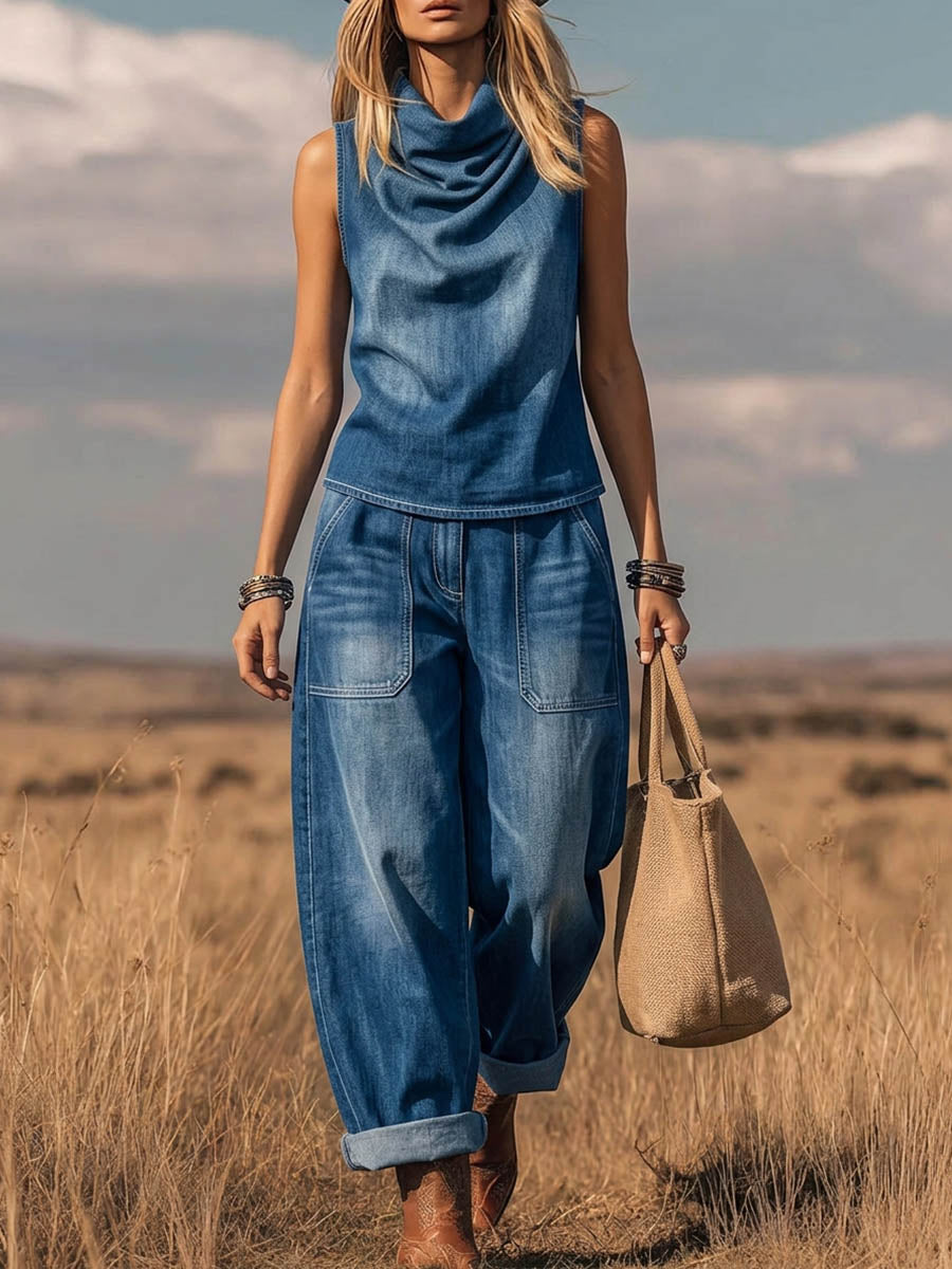 Women's Casual Loose Denim Set: Sleeveless Mock-neck Top And High-waisted Wide-leg Pants
