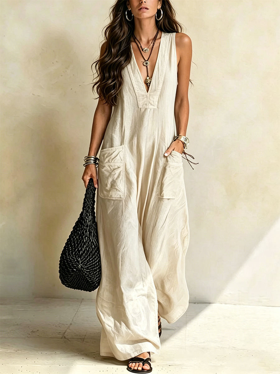 V-neck Sleeveless Loose-fit Utility Jumpsuit With Large Patch Pockets